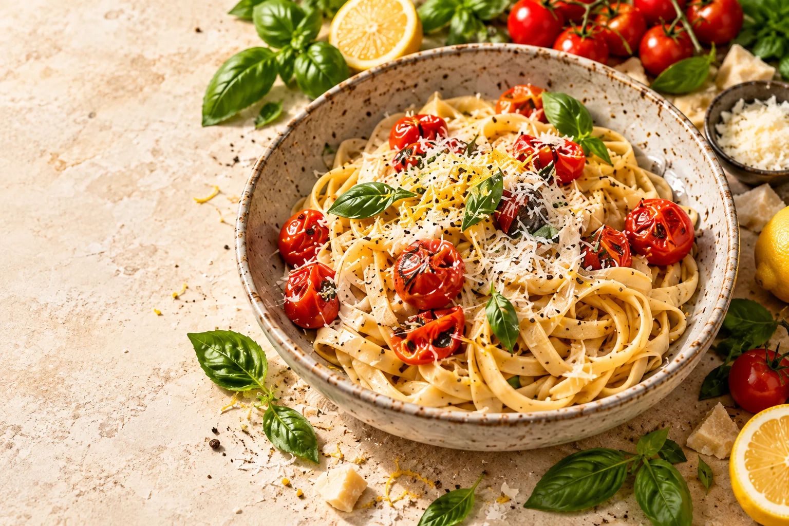 Cremige Pasta mit Ofentomaten, Zitrone und Basilikum